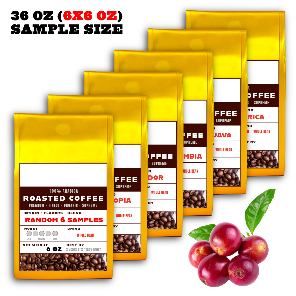 36OZ Random 6 x 6 OZ Sample Size Coffee Beans Roasted Espresso Coffee Supreme Finest Artisan Beans vary from Vanuatu Sumatra Ethiopia  Brazil Kenya Colombia Guatemala Burundi Costa Rica East Java El Salvador Honduras etc